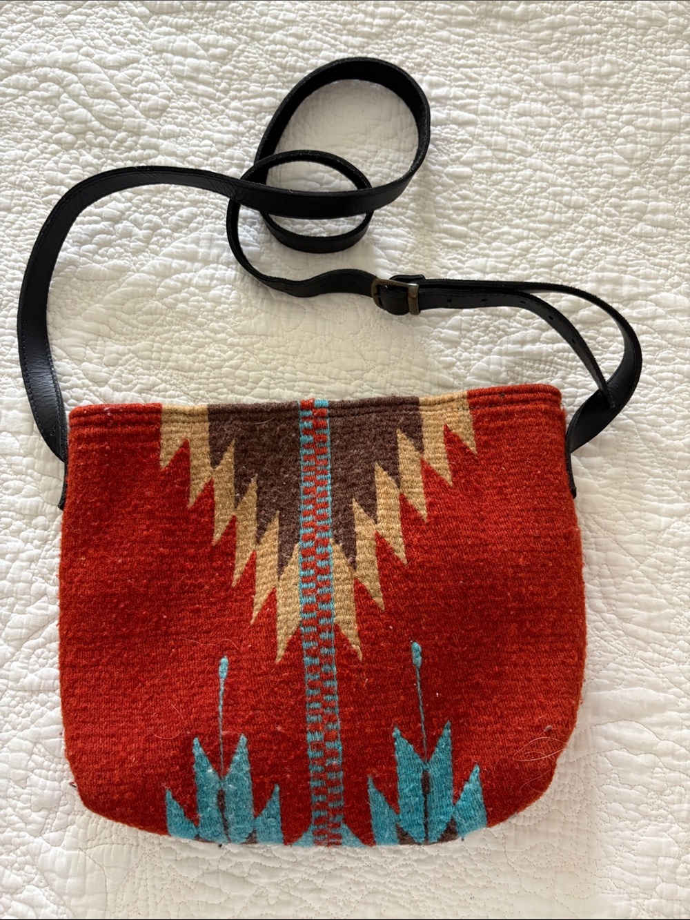 Southwestern Red Wool Crossbody Bag with Turquoise Accents